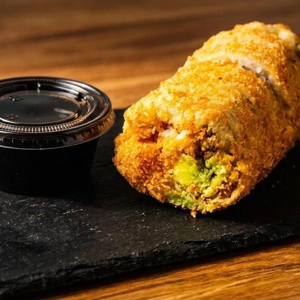 Deep-fried sushi roll with avocado and a side of sauce on a black slate.