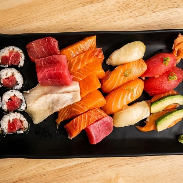 A black platter filled with various sushi and sashimi pieces, including tuna, salmon, and avocado.