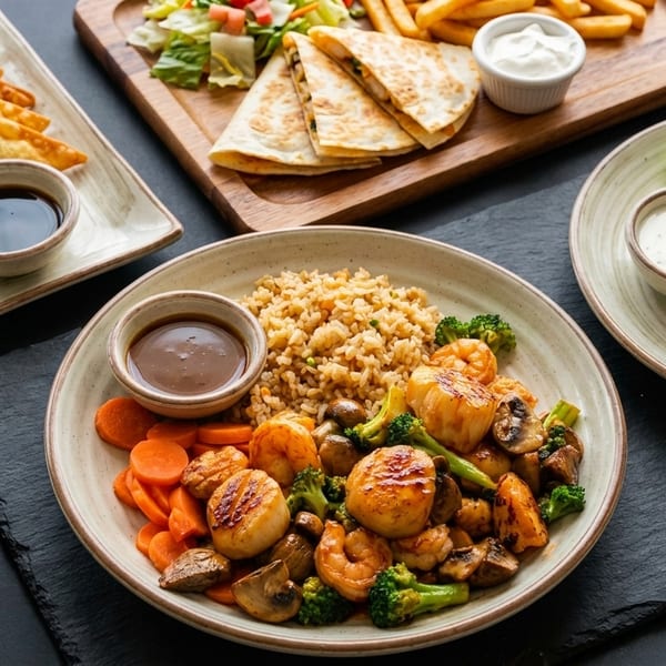 A table laden with various dishes: fried wontons, quesadillas, fries, wings, and a scallop and shrimp stir-fry.
