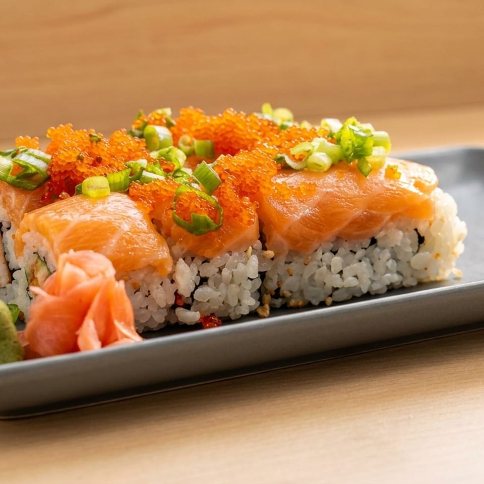 Salmon sushi rolls topped with bright orange roe and green onions, served with wasabi and ginger.