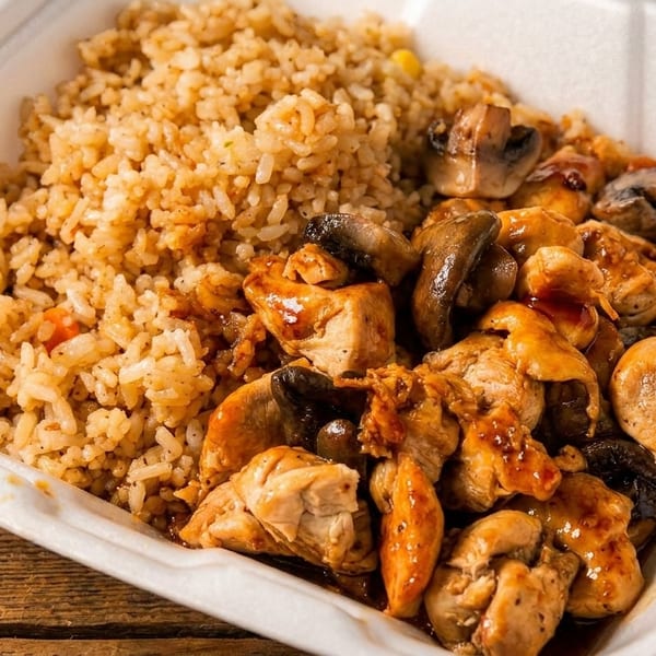 Teriyaki chicken and mushrooms with fried rice in a white takeout container on a wooden table.