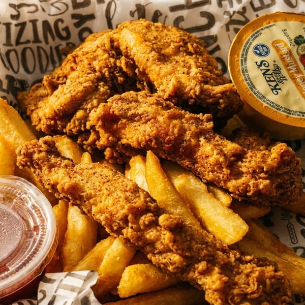 Crispy fried chicken tenders and golden french fries in a paper-lined basket with ketchup and honey mustard.