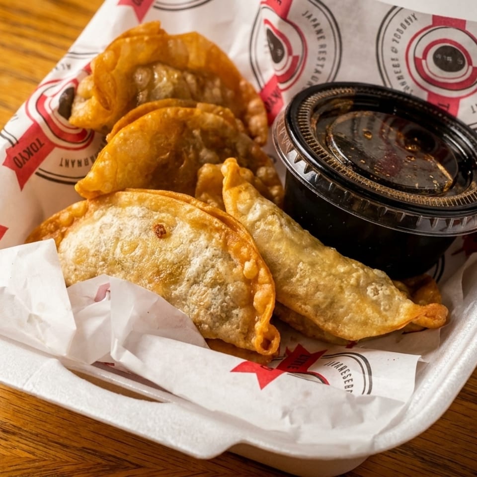 Fried dumplings and a container of dipping sauce in a takeout box lined with branded paper.