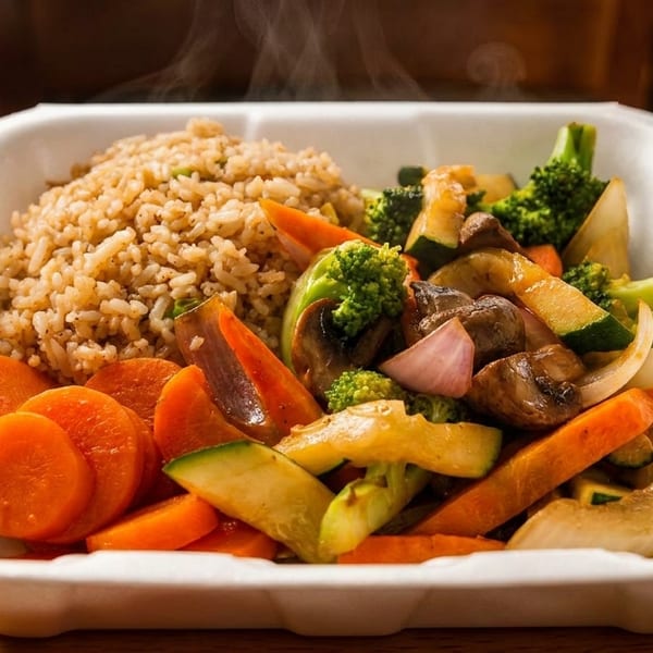 Steaming hot fried rice, carrots, and mixed stir-fried vegetables in a white takeout container.