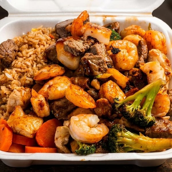A takeout container filled with fried rice, shrimp, beef, chicken, scallops, broccoli, and carrots.