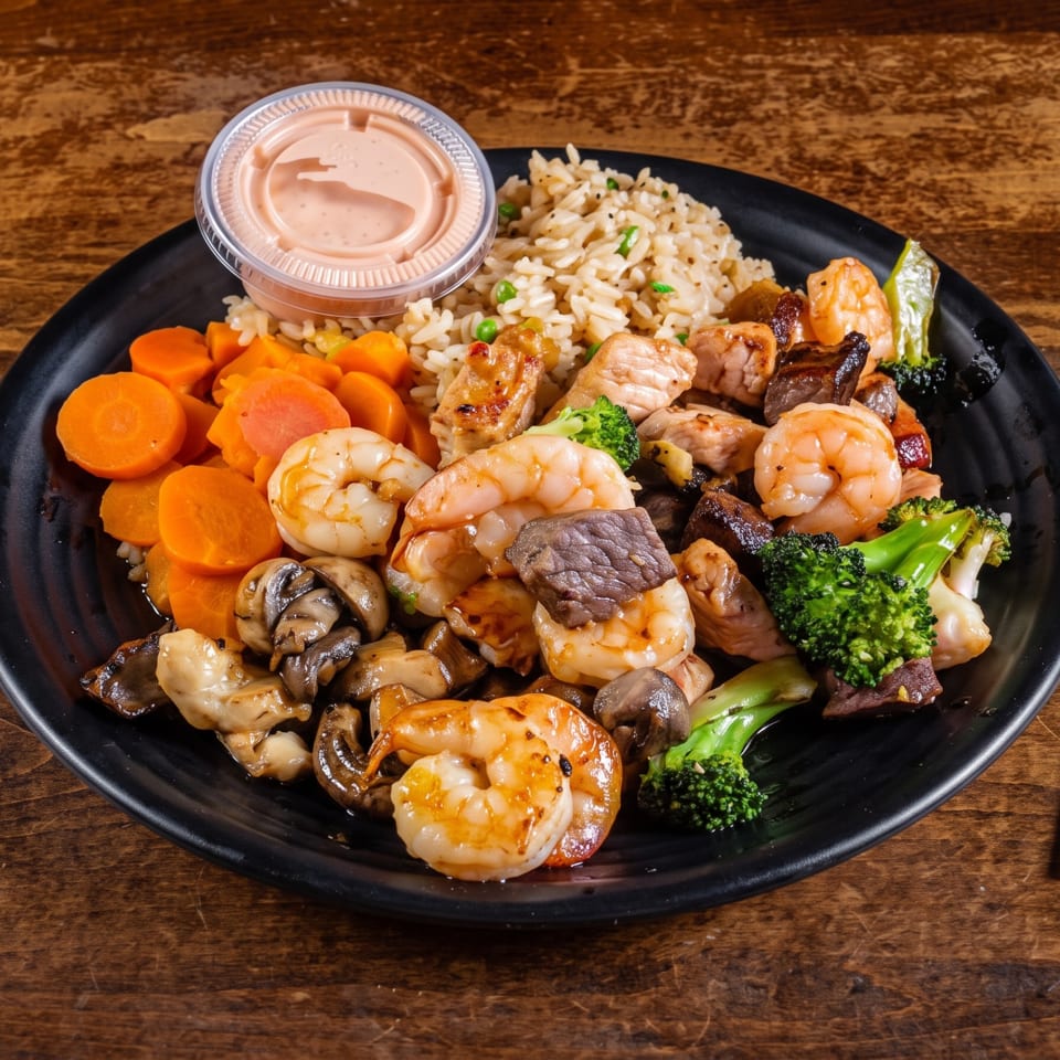 Black plate of grilled shrimp, steak, chicken, mushrooms, broccoli, carrots, fried rice, and dipping sauce with chopsticks.
