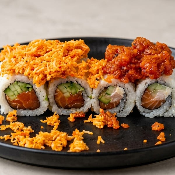 Sushi rolls with salmon, cucumber, and cream cheese, topped with orange crispy flakes and spicy sauce.