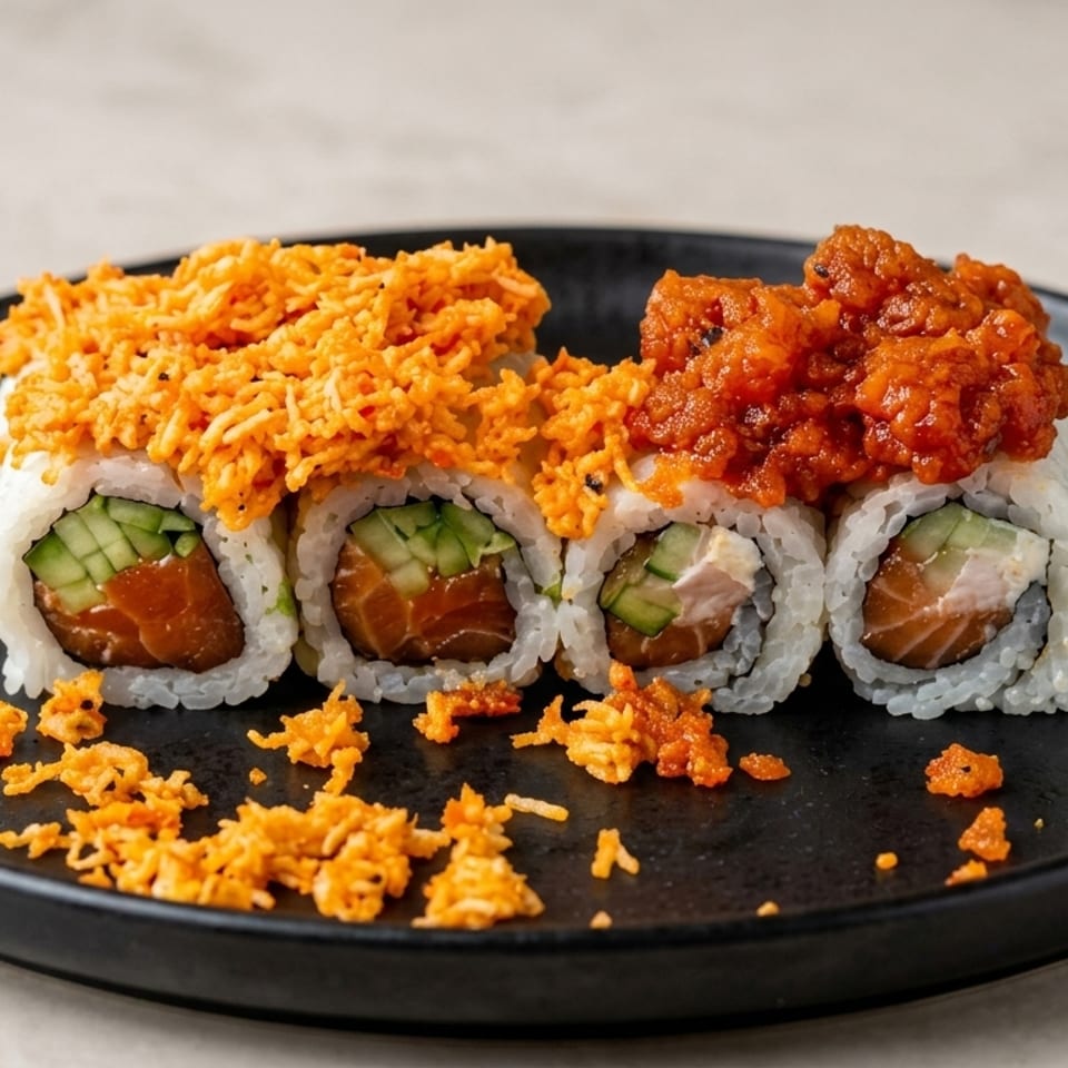Sushi rolls with salmon, cucumber, and cream cheese, topped with crispy orange flakes and spicy sauce.