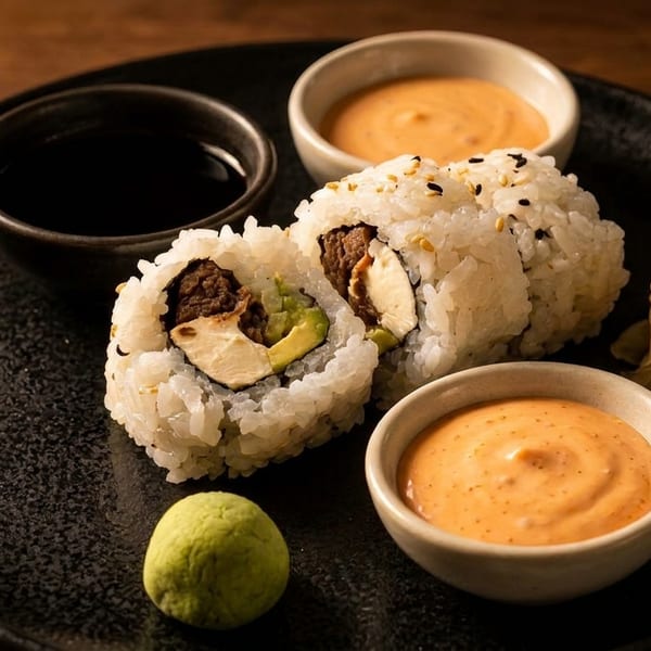 Sushi rolls with avocado, meat, and white fish, served with soy sauce, wasabi, and two spicy mayo dips.
