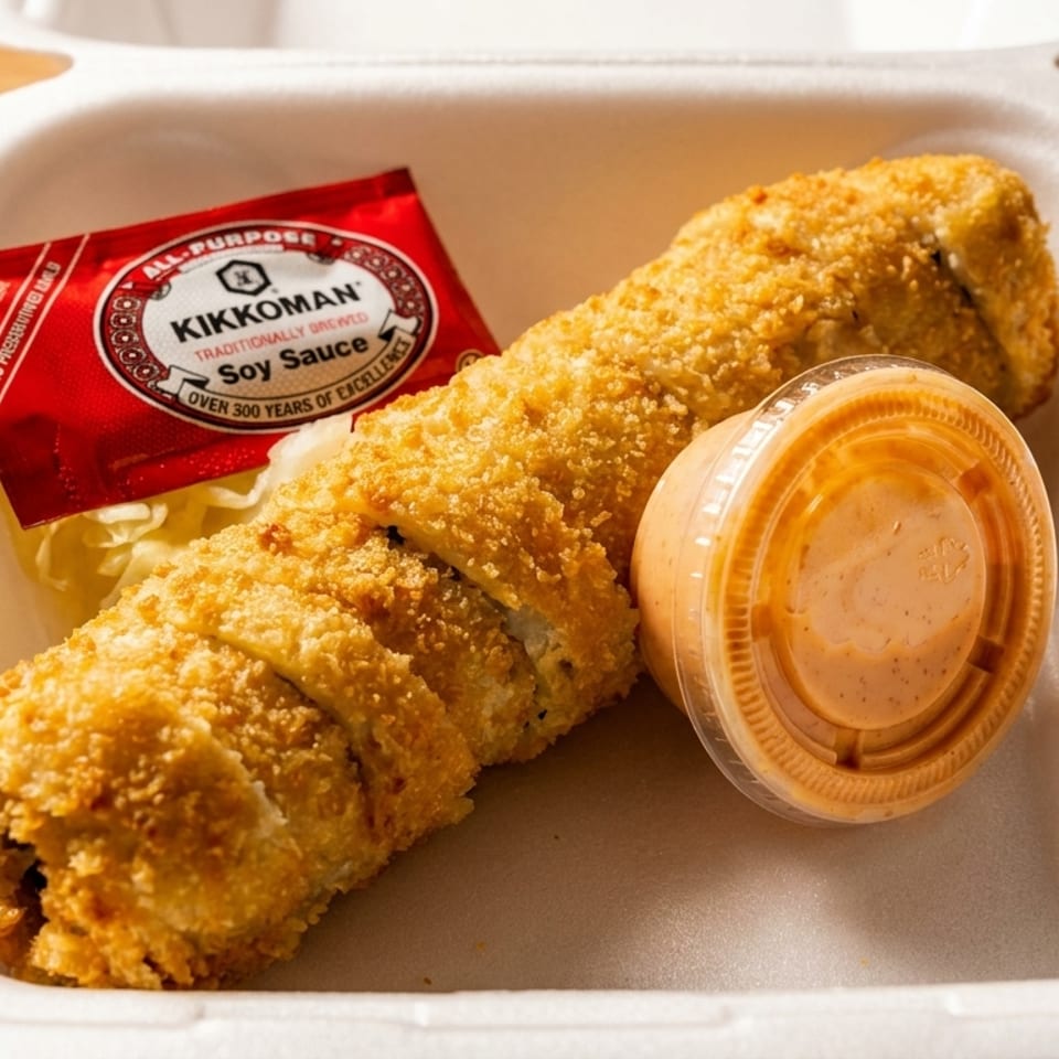 Crispy fried sushi roll with soy sauce packet and spicy mayo in a white takeout container.