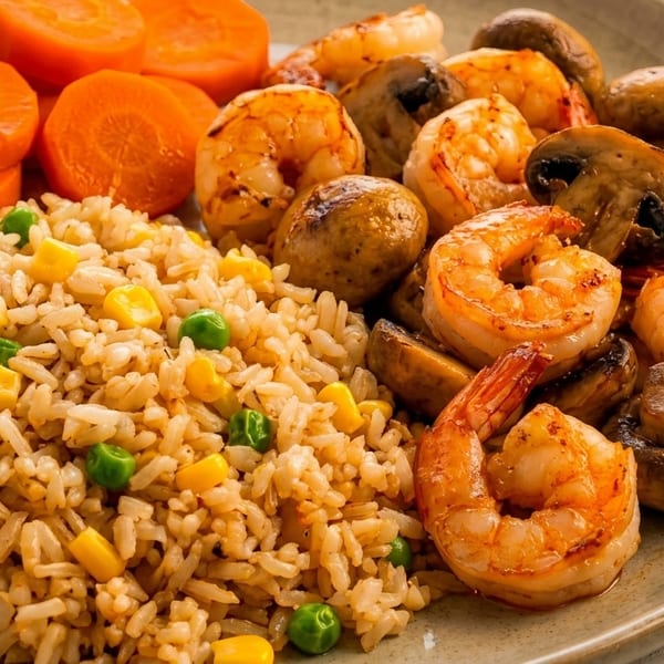 A plate of fried rice with peas and corn, grilled shrimp, mushrooms, and sliced carrots.