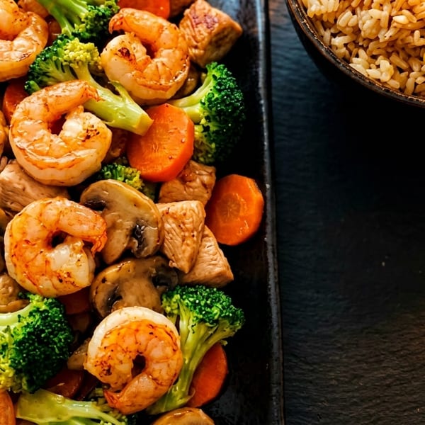 Shrimp, chicken, broccoli, mushrooms, and carrots on a black plate with a side of fried rice.